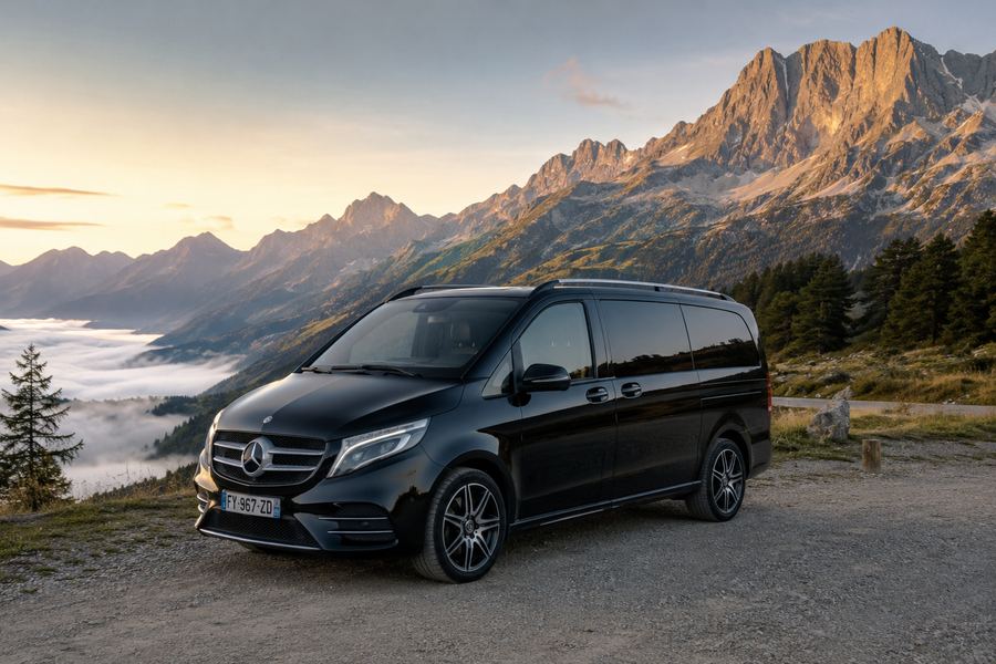 Mercedes Classe V noir d'Alpes Taxi devant un massif alpin au lever du jour