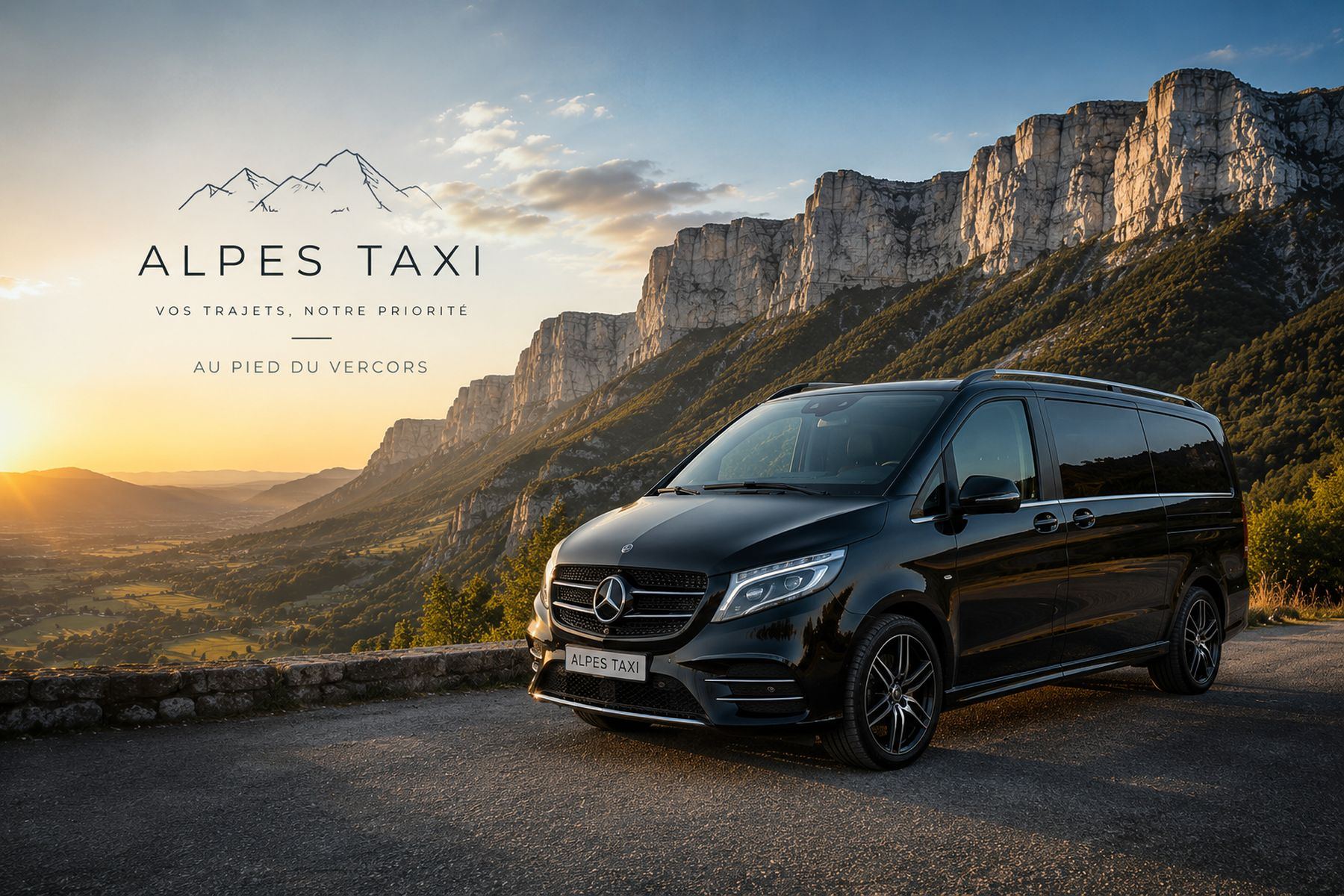 Le Mercedes Classe V d'Alpes Taxi au coucher du soleil, face aux falaises du Vercors